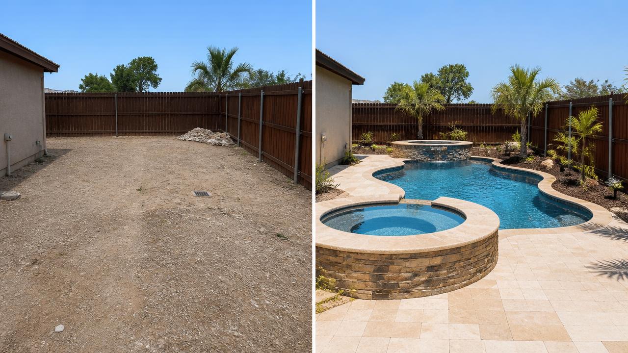 An empty dirt backyard before construction and the same backyard with a finished custom pool and spa after